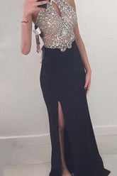 Black Beaded Sheath Sleeveless Halter Floor-Length Prom Dresses with Side Slit